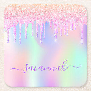 Dessous-de-verre Carré En Papier Rose gold arc-en-ciel rose pailleté anniversaire