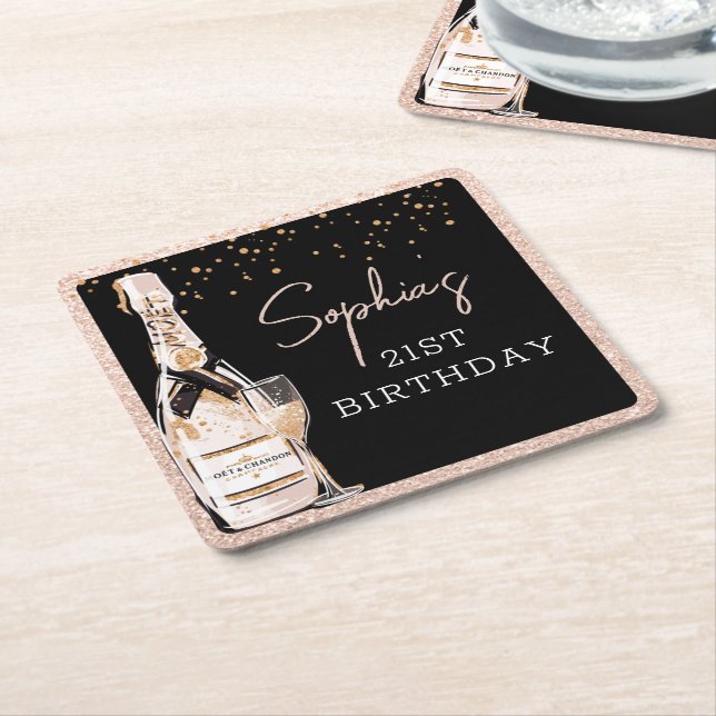 Dessous-de-verre Carré En Papier Rose Gold Bubbly Champagne fête d'anniversaire (Incliné)