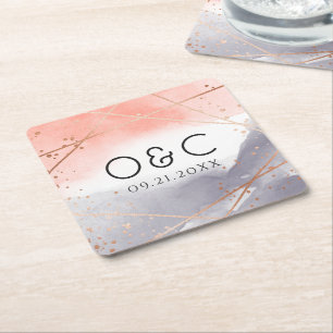 Dessous-de-verre Carré En Papier Rose Gold Dawn Aquarelle Mariage géométrique