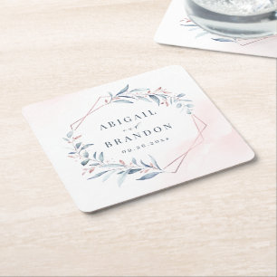 Dessous-de-verre Carré En Papier Rose Gold Dusty Blue Greenery Mariage géométrique