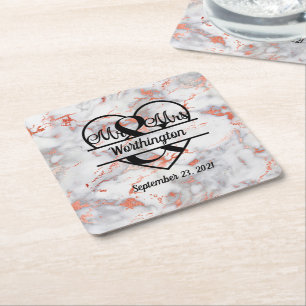 Dessous-de-verre Carré En Papier Rose Gold Marble M. et Mme Cœur Mariage