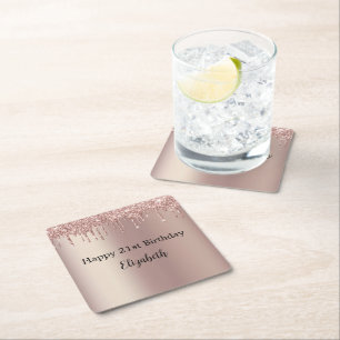 Dessous-de-verre Carré En Papier Rose Gold Rose Paillettes Anniversaire 21 Ans