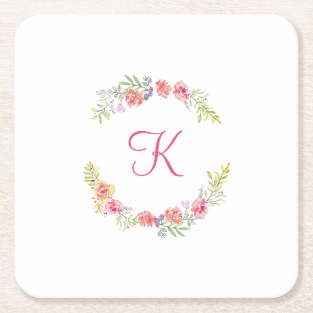 Dessous-de-verre Carré En Papier Rose, Jaune et Vert Floral Monogramme Aquarelle  (Devant)