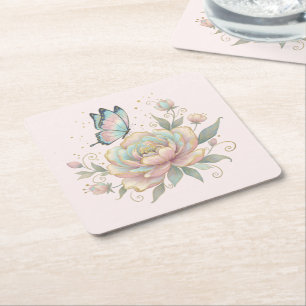 Dessous-de-verre Carré En Papier Rose Magique et Papillon Couleurs Pastel