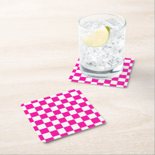 Dessous-de-verre Carré En Papier Rose néon et blanc à carreaux