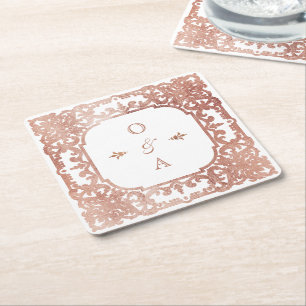 Dessous-de-verre Carré En Papier Rose or élégant orné vintage couple monogramme