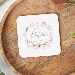 Dessous-de-verre Carré En Papier Rose Pâle Fleurie Baptême Carré