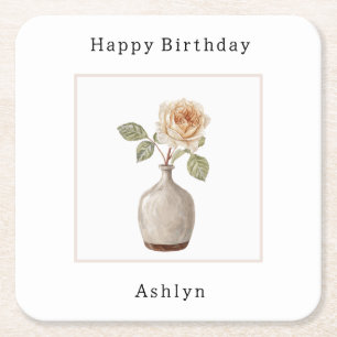 Dessous-de-verre Carré En Papier Rose Pêche dans un Vase Anniversaire