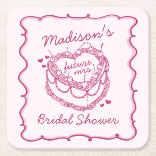 Dessous-de-verre Carré En Papier Rose Rétro Cœur Coquette Gâteau Cerise BridalShowe