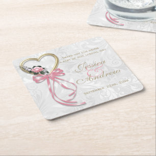 Dessous-de-verre Carré En Papier Rose Romantique, Cœur d'Or et Ruban Rose