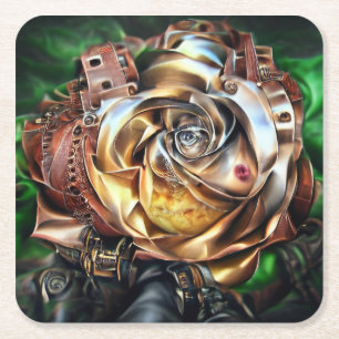 Dessous-de-verre Carré En Papier Rose Steampunk avec visage surréaliste - Flor méca