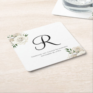Dessous-de-verre Carré En Papier Roses blanches à monogramme Fleurs Élégantes Maria