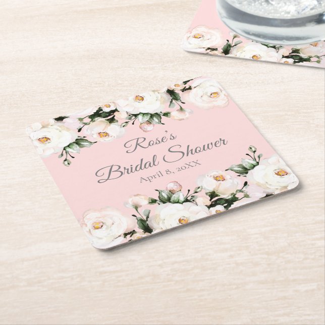 Dessous-de-verre Carré En Papier Roses blanches | Baby shower rose poudré (Incliné)