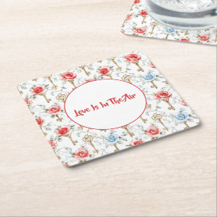 Dessous-de-verre Carré En Papier Roses Bleues Rouges Clés Dorées Mariage