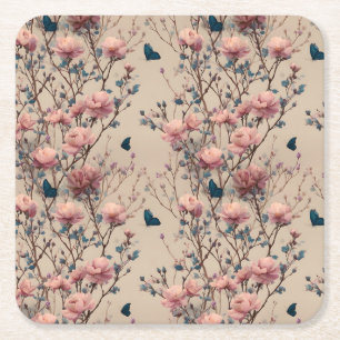 Dessous-de-verre Carré En Papier Roses de printemps vintage avec papillons bleus