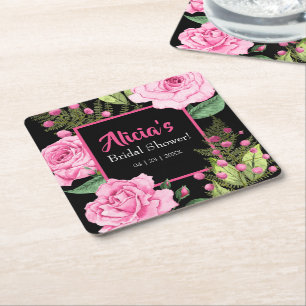 Dessous-de-verre Carré En Papier Roses roses sur Douche de Mariée Noir