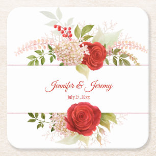 Dessous-de-verre Carré En Papier Roses rouges d'hiver et Mariage de verdure  
