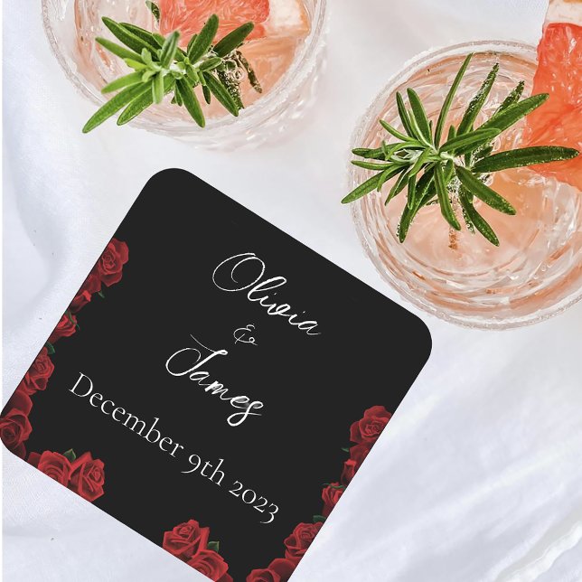 Dessous-de-verre Carré En Papier Roses rouges Noir blanc (Créateur téléchargé)