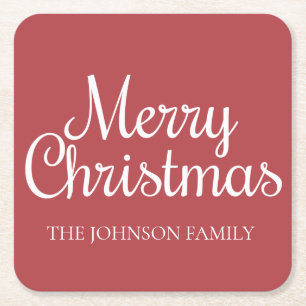 Dessous-de-verre Carré En Papier Rouge Blanc Joyeux Noël Nom de Famille