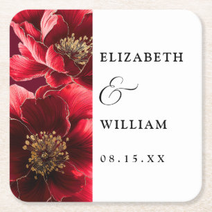Dessous-de-verre Carré En Papier Rouge Bourgogne Élégant Mariage Floral moderne