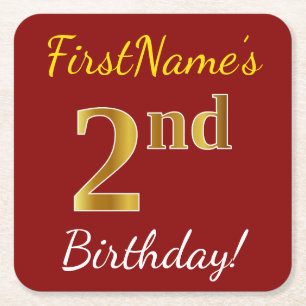 Dessous-de-verre Carré En Papier Rouge, Faux Gold 2e anniversaire + Nom personnalis