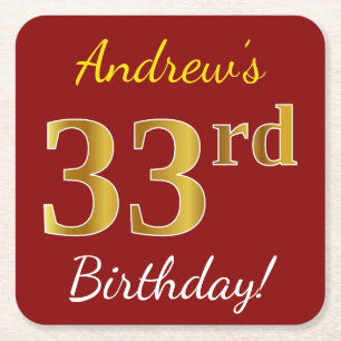 Dessous-de-verre Carré En Papier Rouge, Faux Gold 33e anniversaire + Nom personnali