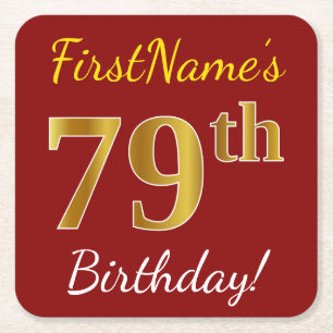 Dessous-de-verre Carré En Papier Rouge, Faux Gold 79e anniversaire + Nom personnali