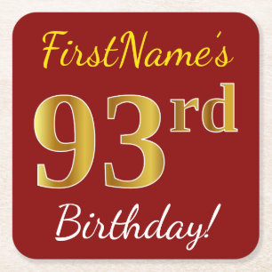 Dessous-de-verre Carré En Papier Rouge, Faux Gold 93ème anniversaire + Nom personna