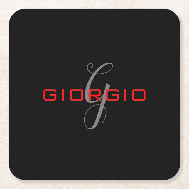 Dessous-de-verre Carré En Papier Rouge noir Votre nom Monogramme initial Moderne (Devant)