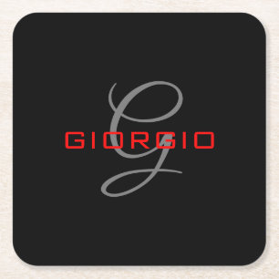 Dessous-de-verre Carré En Papier Rouge noir Votre nom Monogramme initial Moderne