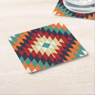 Dessous-de-verre Carré En Papier Rouge vert orange jaune noir blanc oriental Kilim