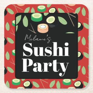 Dessous-de-verre Carré En Papier Roulés de fête de sushi Nom d'anniversaire