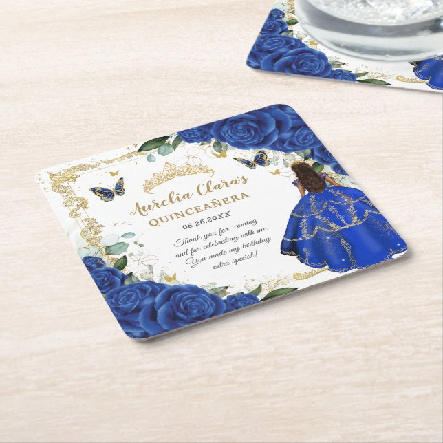 Dessous-de-verre Carré En Papier Royal Blue Floral Princess Gold Quinceañera 15 (Incliné)