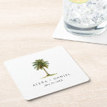 Dessous-de-verre Carré En Papier Royal Palm Tree Mariage tropical<br><div class="desc">Des palmiers royaux bordent de nombreuses rues magnifiques dans les villes côtières et les régions tropicales. Symbole d'élégance et de splendeur tropicale, ce dessous de verre de boisson mariage personnalisée dispose d'une paume royale aquarelle avec un modèle texte pour inclure les noms de la mariée et du marié et la...</div>