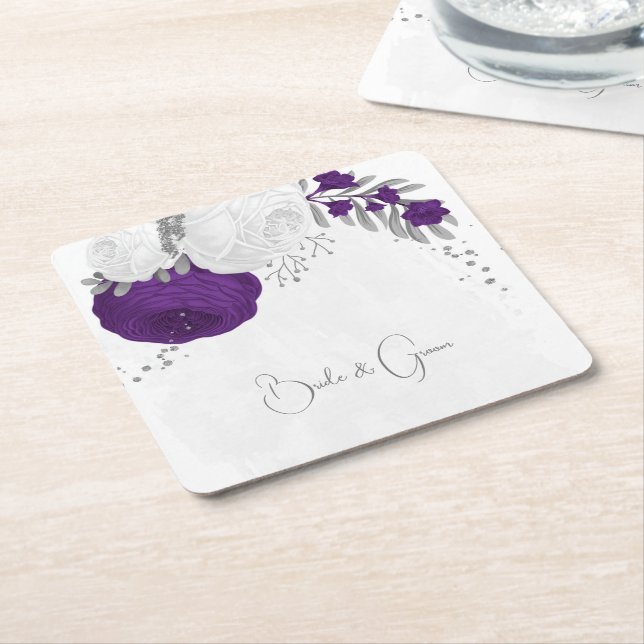 Dessous-de-verre Carré En Papier royal violet et fleurs blanches argent (Incliné)