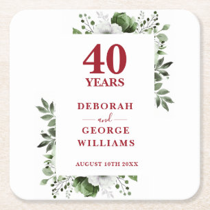 Dessous-de-verre Carré En Papier Ruby Élégant Floral 40e Anniversaire de Mariage 