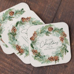Dessous-de-verre Carré En Papier Russe Aquarelle Pine Cône Wreath Joyeux Noël<br><div class="desc">Dessous de verre en papier de vacances élégants avec une couronne d'aquarelle de cônes de pin, de pignons et de verdure luxuriante avec un arrière - plan crème légère. "Joyeux Noël" est affiché dans un script vert foncé avec votre nom ci-dessous. Les dessous de verre rustiques en papier de Noël...</div>