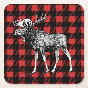 Dessous-de-verre Carré En Papier Russe Moose Rouge et noir Buffalo Check Plaid