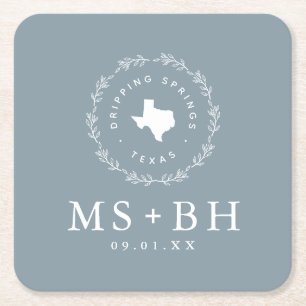 Dessous-de-verre Carré En Papier Russe Wreath Texas Mariage Monogramme Dusty Blue