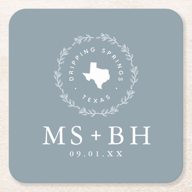 Dessous-de-verre Carré En Papier Russe Wreath Texas Mariage Monogramme | Dusty Blue (Devant)