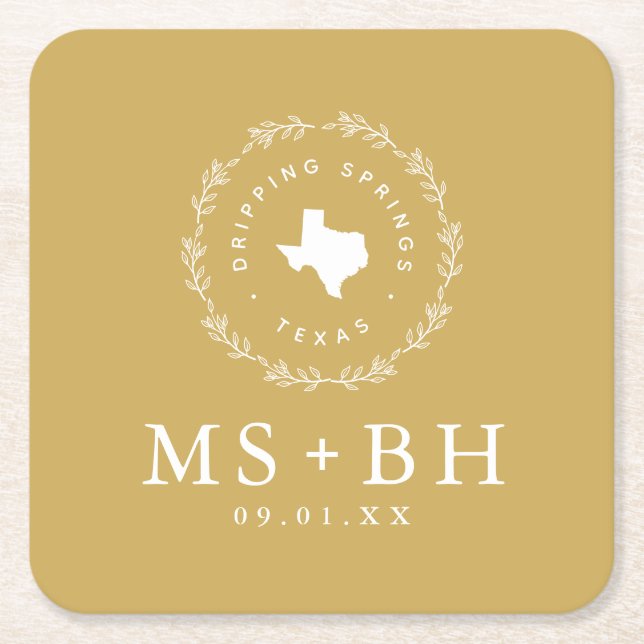 Dessous-de-verre Carré En Papier Russe Wreath Texas Mariage Monogramme | Moutarde (Devant)