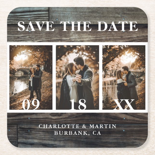 Dessous-de-verre Carré En Papier Rustic Barn Wood Mariage Photo Enregistrer La Date (Devant)