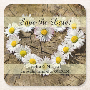 Dessous-de-verre Carré En Papier Rustic Daisy Heart Enregistrer la date