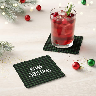 Dessous-de-verre Carré En Papier Rustic Green & Black Buffalo Plaid Joyeux Noël