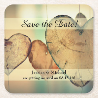 Dessous-de-verre Carré En Papier Rustic Hanging Wood Hearts Enregistrer la date