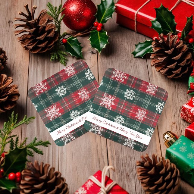 Dessous-de-verre Carré En Papier Rustic Red et Green Snowflakes motif (Rustic Red and Green Snowflakes pattern Holidays Square Paper Coaster)