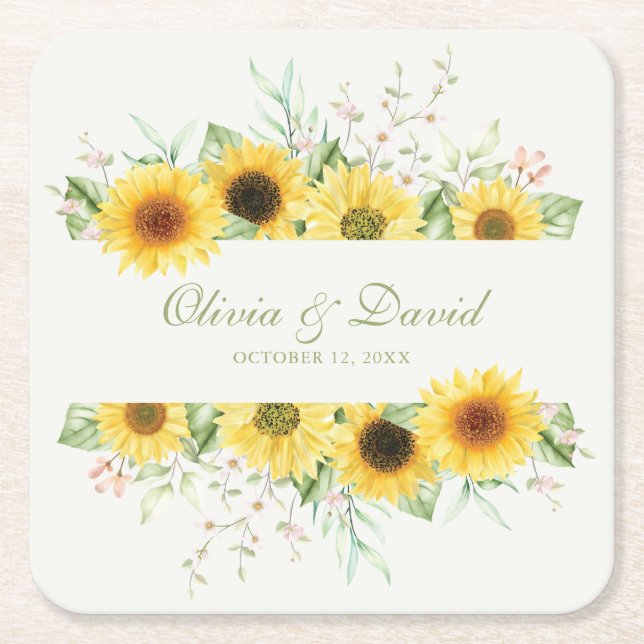 Dessous-de-verre Carré En Papier Rustic Sunflower Mariage (Devant)