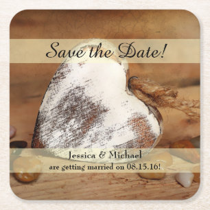 Dessous-de-verre Carré En Papier Rustic Twine Wood Heart Enregistrer la date
