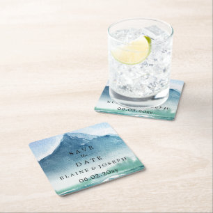Dessous-de-verre Carré En Papier Rustic Watercolor Mountains Lake Sauvez La Date
