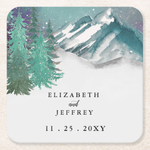 Dessous-de-verre Carré En Papier Rustique Aquarelle Montagnes Pine Mariage d'hiver